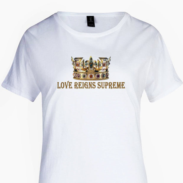 "LOVE REIGNS SUPREME" WITH CROWN TEE FOR MEN IN WHITE