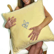 STUNNING GOLDEN SILK TAFFETA PILLOW WITH BEJEWELLED FLEUR DE LIS EMBLEM AND TRIM