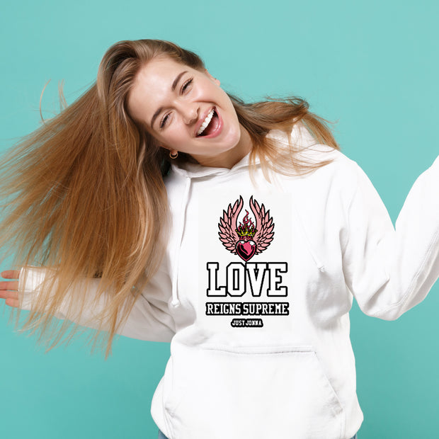 "LOVE REIGNS SUPREME" ANGEL HEART WITH WINGS HOODIE IN WHITE - UNISEX