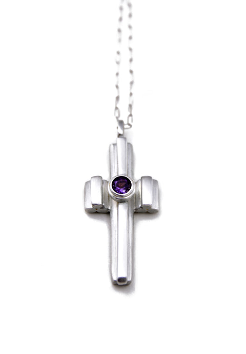 THE WARRIOR CROSS: SOLID STERLING SILVER WITH AMETHYST/GREEN TOURMALINE