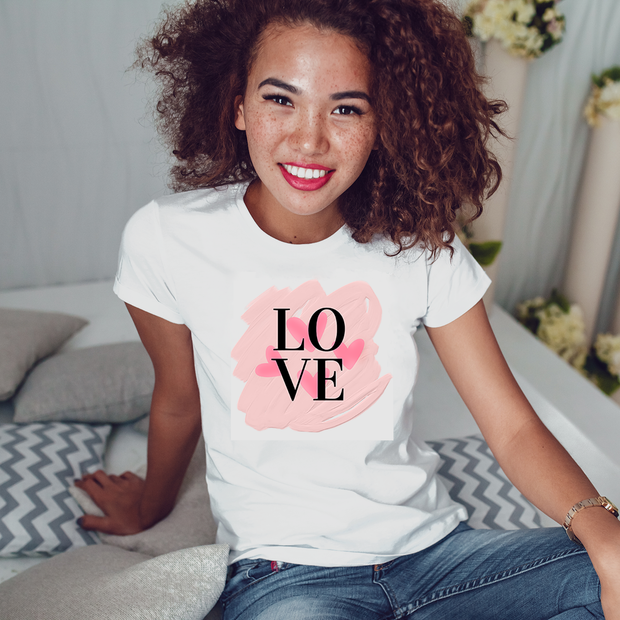 JUST JONNA'S ORIGINAL "LOVE" TEE WITH PINK BACKGOUND