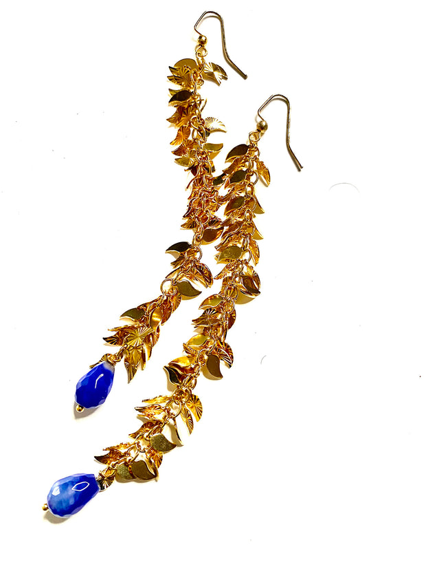 18K GOLD PLATED LONG DROP EARRINGS WITH SODALITE TEARDROP END