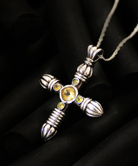 THE ANTIQUED FIVE-GEM GOTHIC CROSS IN STERLING SILVER WITH CHAIN - UNISEX