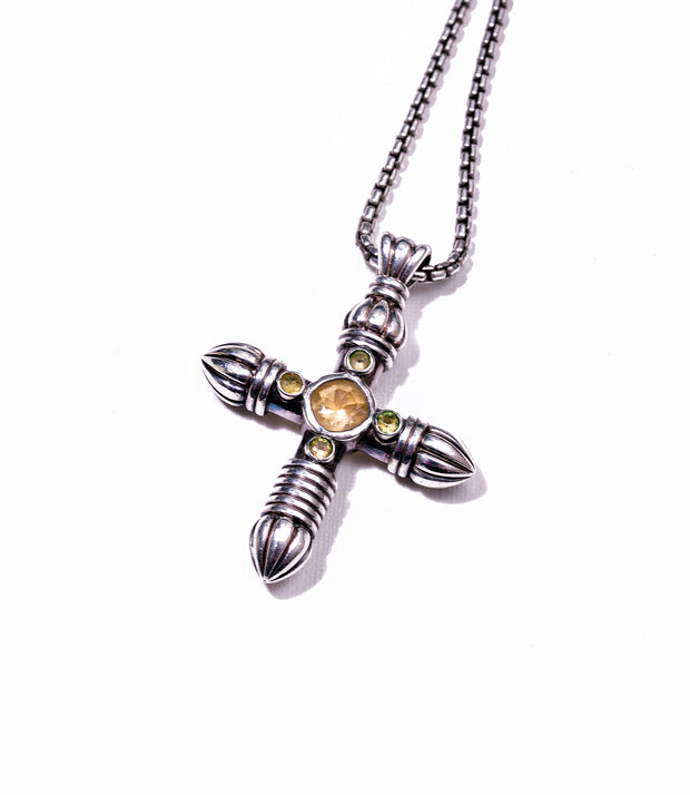 THE ANTIQUED FIVE-GEM GOTHIC CROSS IN STERLING SILVER WITH CHAIN - UNISEX