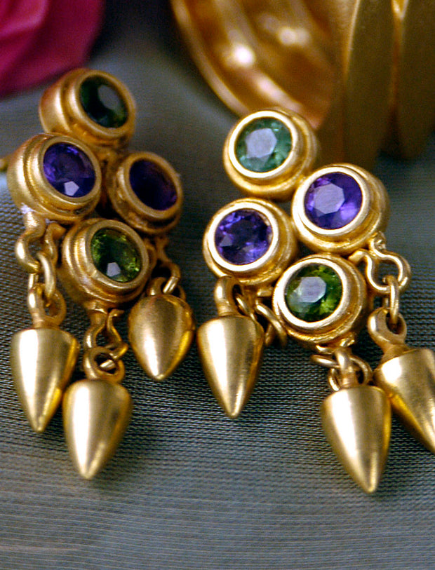 18K GOLD EARRINGS WITH GEM CUT AMETHYST AND PERIDOT