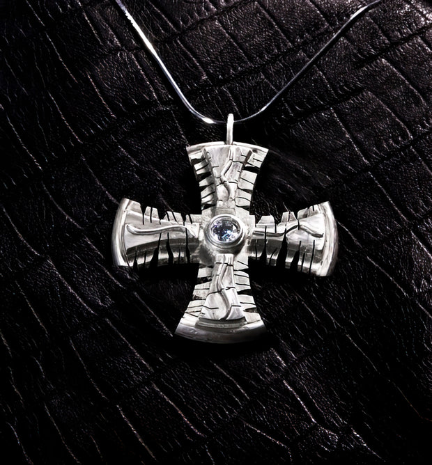 ROCKER CROSS IN STERLING SILVER WITH AQUAMARINE STONE, STERLING SILVER