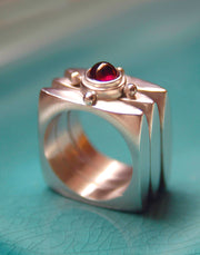 STERLING SILVER SCULPTED SQUARE COCKTAIL RING WITH RUBY