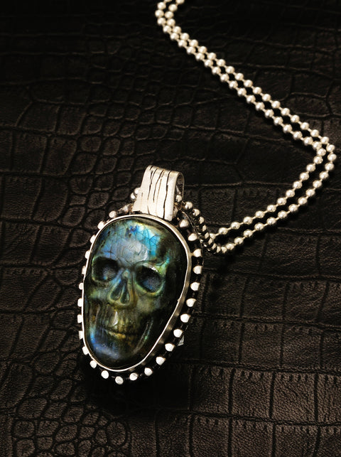 UNISEX LABRADORITE HAND-CARVED SKULL WITH STERLING SILVER