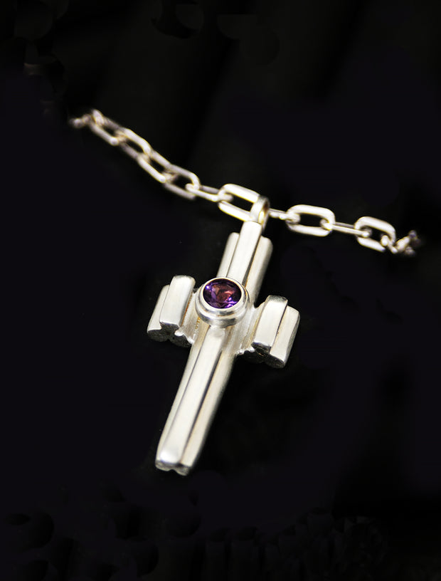 THE WARRIOR CROSS: SOLID STERLING SILVER WITH AMETHYST/GREEN TOURMALINE