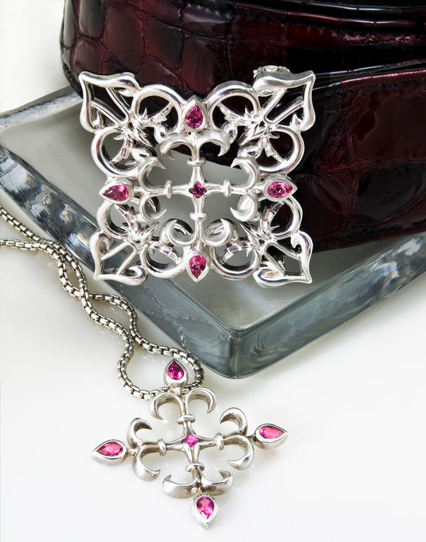 MEDIEVAL INSPIRED CROSS WITH PINK TOURMALINE GEMSTONES